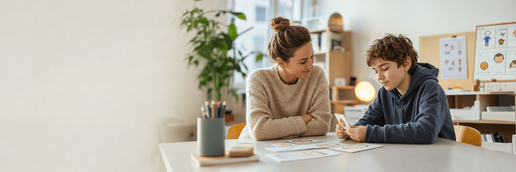 Professionnelle en séance avec un adolescent, supports de communication sur la table